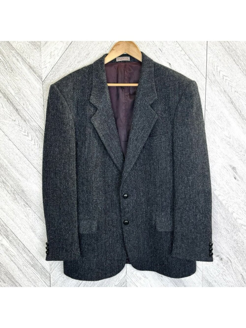 Vintage Harris Tweed Blazer Sport Coat Jacket Mens 44R Herringbone Wool Blue